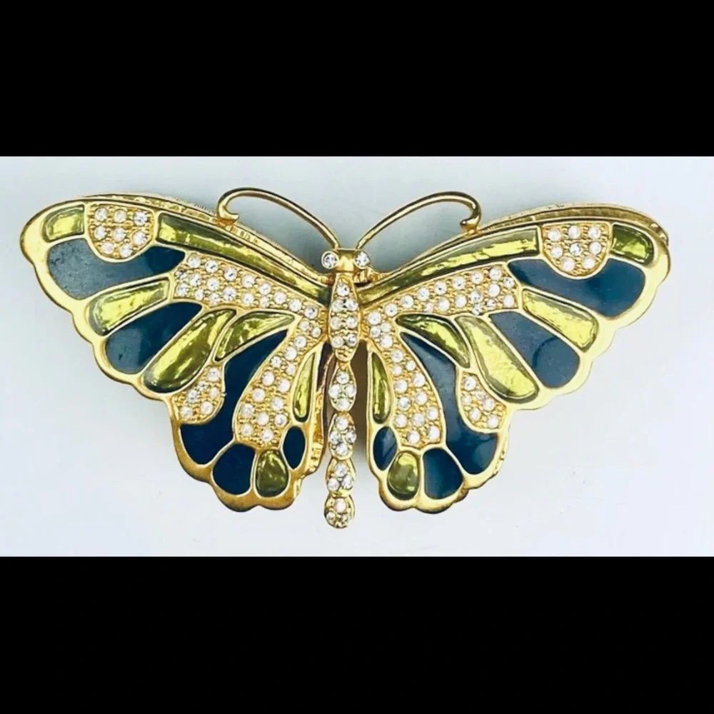 Kenneth Jay Lane Butterfly Pin and Box  Green Enamel Rhinestones made Thailand